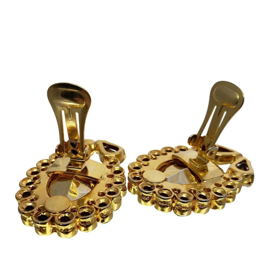 Large Clip On Earrings Toni Laura Gold Tone Rhinestone Italian Designer Vtg 80s